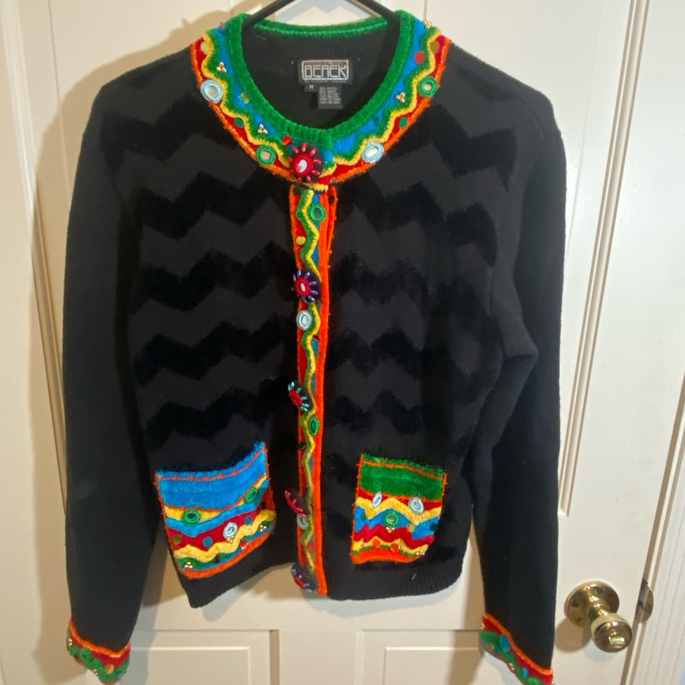 The Collective Works of  Berek - Vintage  Colorful Trimmed Black Sweater MED